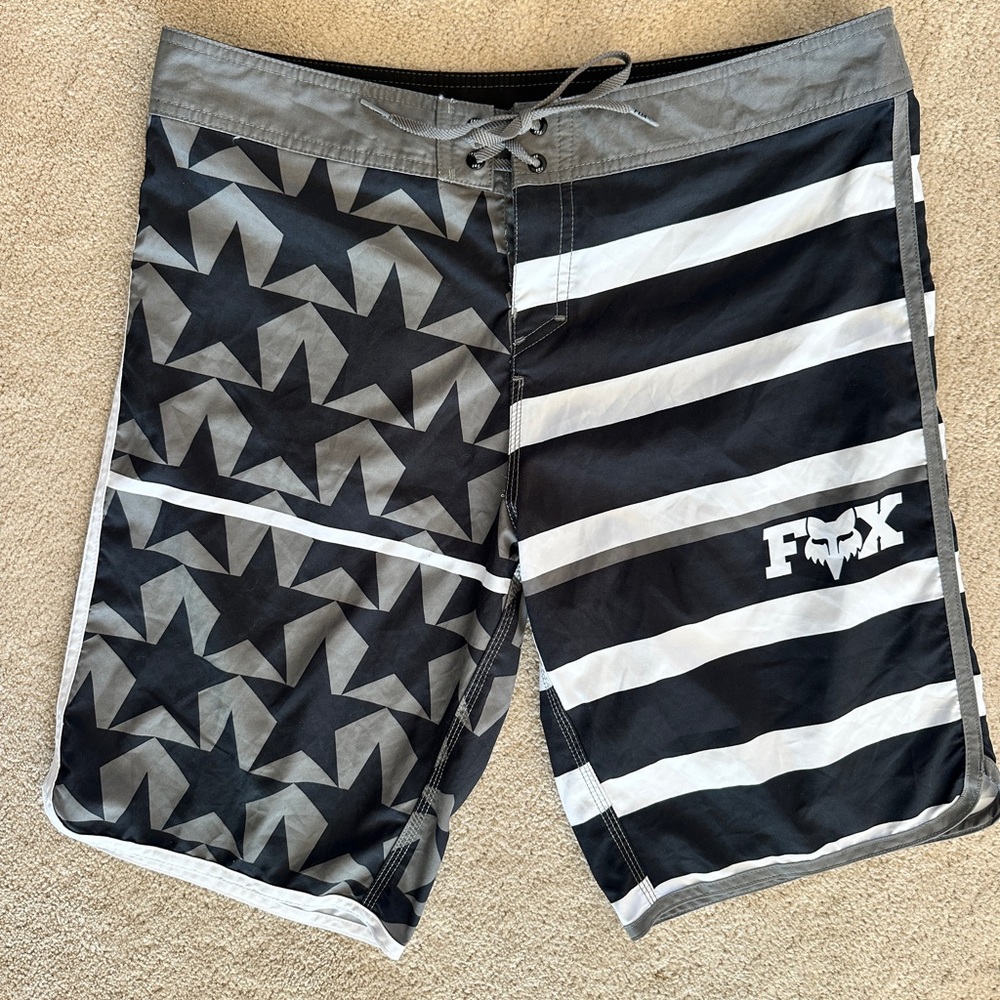 Fox Black and Gray Board Shorts with Bold Patterns